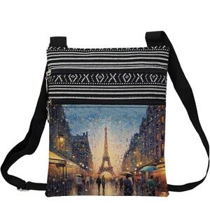 Black & Multicolor Crossbody Bag with Paris Eiffel Artwork